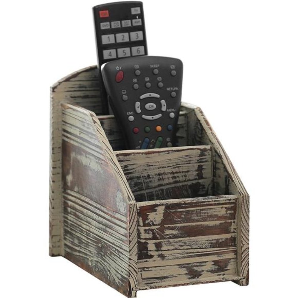 Rustic Torched Wood Remote Control Holder for Table with 3 Compartments